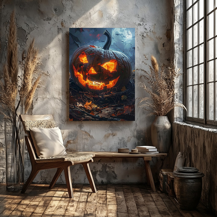 Sinister Jack-o’-Lantern Canvas – Fiery Halloween Nightmare Pumpkin Art - Gifitto