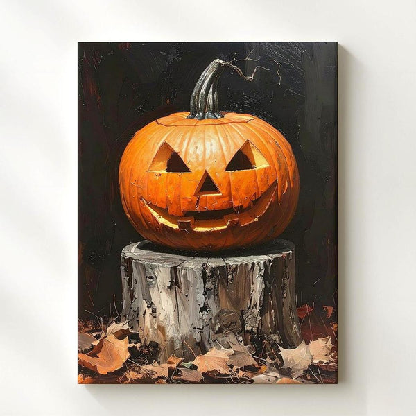 Dramatic Jack-O'-Lantern Close-Up Canvas – Carved Pumpkin on Tree Stump - Gifitto