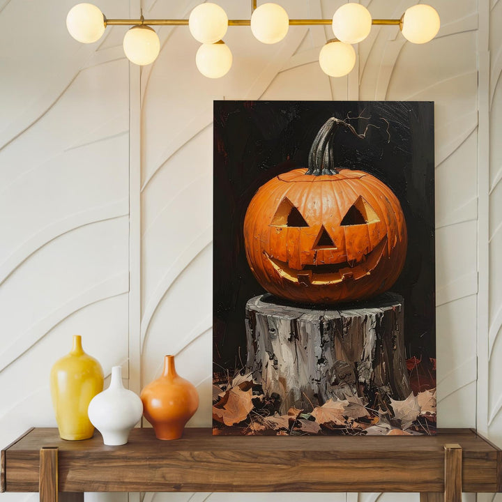 Dramatic Jack-O'-Lantern Close-Up Canvas – Carved Pumpkin on Tree Stump - Gifitto