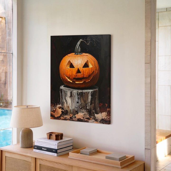 Dramatic Jack-O'-Lantern Close-Up Canvas – Carved Pumpkin on Tree Stump - Gifitto