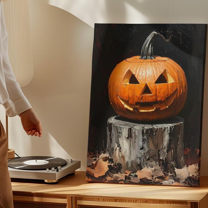 Dramatic Jack-O'-Lantern Close-Up Canvas – Carved Pumpkin on Tree Stump - Gifitto