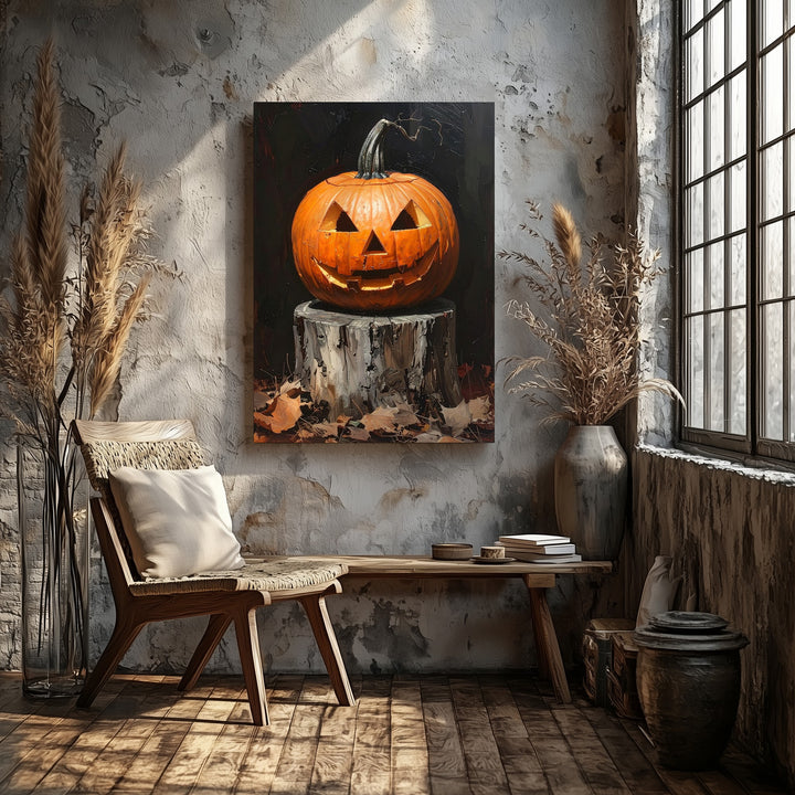 Dramatic Jack-O'-Lantern Close-Up Canvas – Carved Pumpkin on Tree Stump - Gifitto
