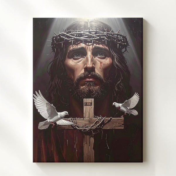 Jesus with Crown of Thorns and Doves Canvas – Christian Wall Art of Sacrifice, Sorrow, and Divine Peace - Gifitto