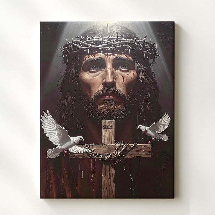 Jesus with Crown of Thorns and Doves Canvas – Christian Wall Art of Sacrifice, Sorrow, and Divine Peace - Gifitto