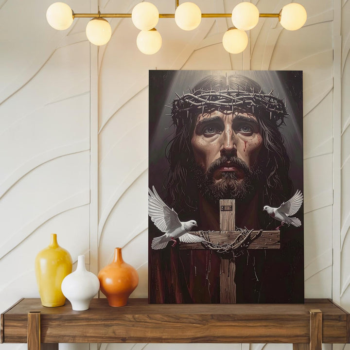 Jesus with Crown of Thorns and Doves Canvas – Christian Wall Art of Sacrifice, Sorrow, and Divine Peace - Gifitto