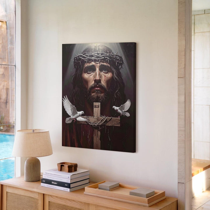 Jesus with Crown of Thorns and Doves Canvas – Christian Wall Art of Sacrifice, Sorrow, and Divine Peace - Gifitto