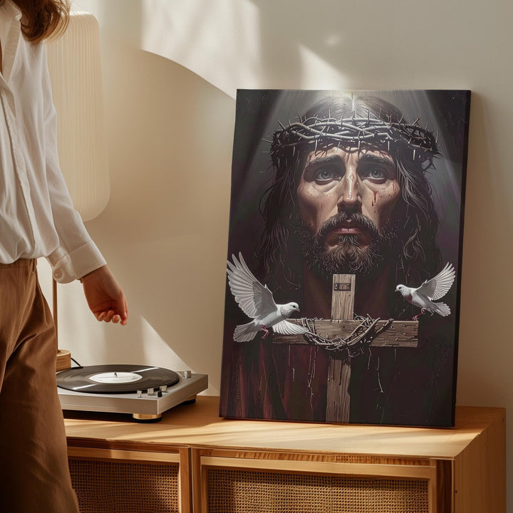 Jesus with Crown of Thorns and Doves Canvas – Christian Wall Art of Sacrifice, Sorrow, and Divine Peace - Gifitto