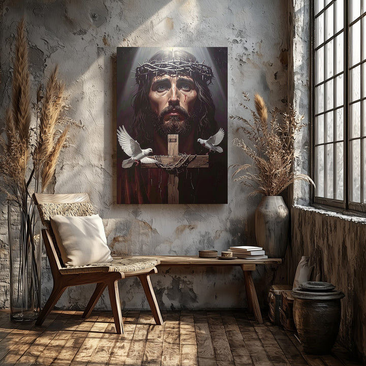 Jesus with Crown of Thorns and Doves Canvas – Christian Wall Art of Sacrifice, Sorrow, and Divine Peace - Gifitto