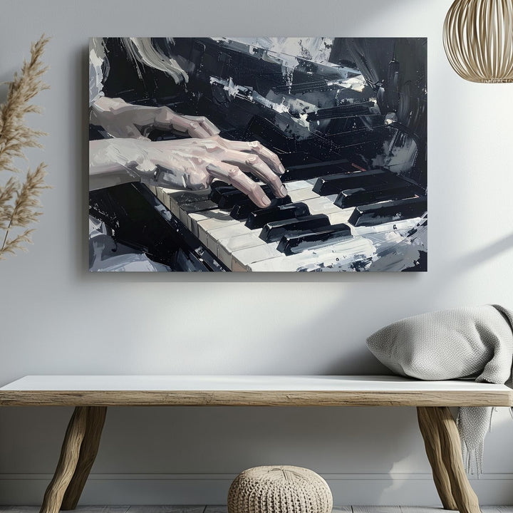 Ghostly Pianist Canvas – Haunted Hands on Worn Black-and-White Keys - Gifitto
