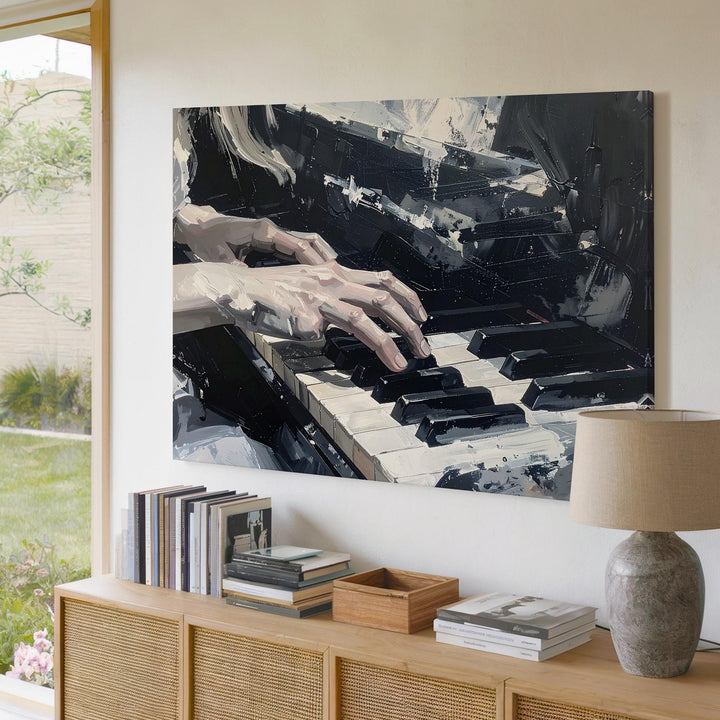 Ghostly Pianist Canvas – Haunted Hands on Worn Black-and-White Keys - Gifitto