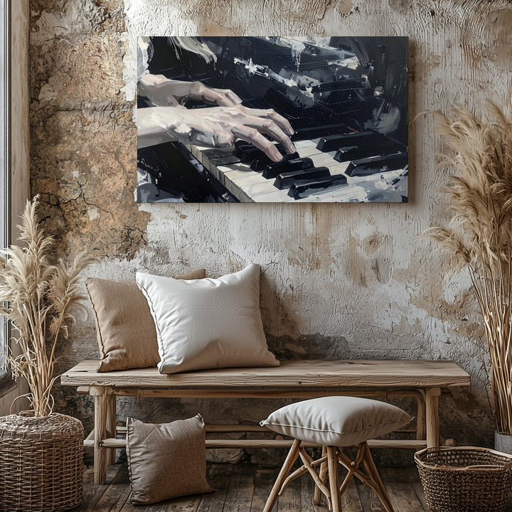 Ghostly Pianist Canvas – Haunted Hands on Worn Black-and-White Keys - Gifitto