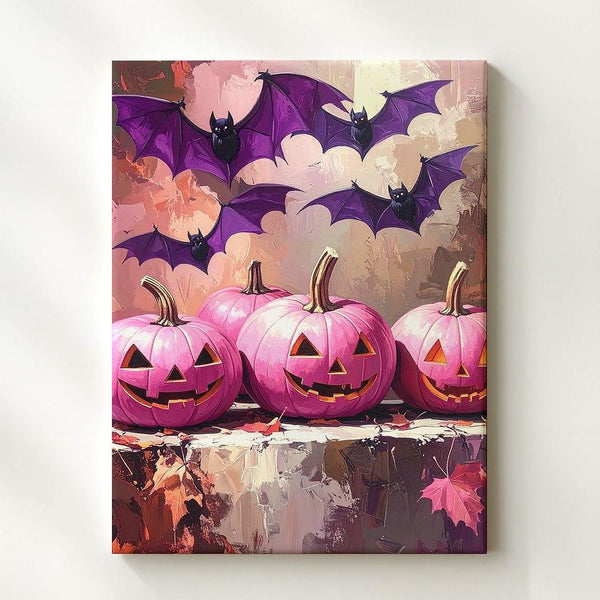 Dramatic Pink Jack-o’-Lanterns Canvas – Purple Bats & Moody Fall Art - Gifitto