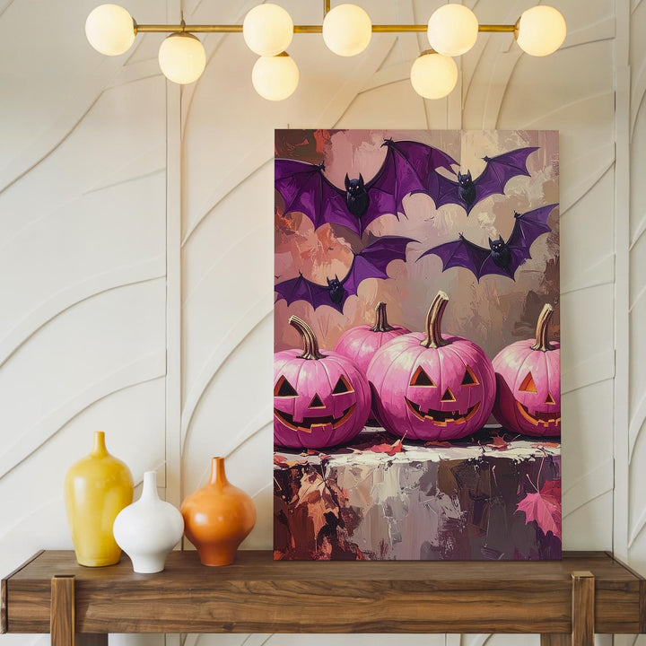 Dramatic Pink Jack-o’-Lanterns Canvas – Purple Bats & Moody Fall Art - Gifitto