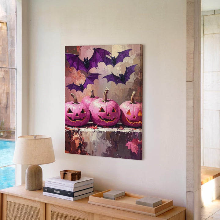 Dramatic Pink Jack-o’-Lanterns Canvas – Purple Bats & Moody Fall Art - Gifitto