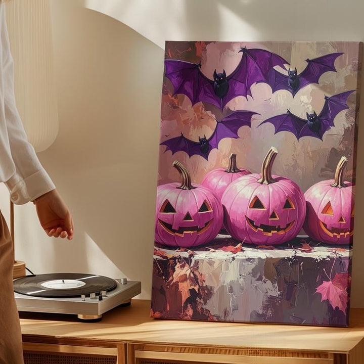 Dramatic Pink Jack-o’-Lanterns Canvas – Purple Bats & Moody Fall Art - Gifitto