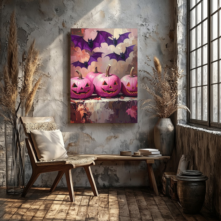 Dramatic Pink Jack-o’-Lanterns Canvas – Purple Bats & Moody Fall Art - Gifitto