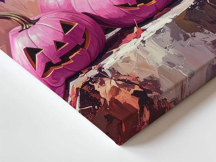 Dramatic Pink Jack-o’-Lanterns Canvas – Purple Bats & Moody Fall Art - Gifitto