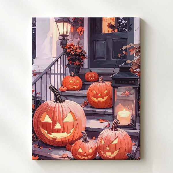 Warm Halloween Porch Corner Canvas – Glowing Pumpkins & Lanterns Art - Gifitto