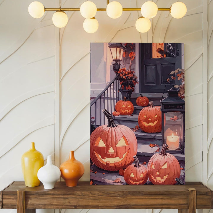 Warm Halloween Porch Corner Canvas – Glowing Pumpkins & Lanterns Art - Gifitto