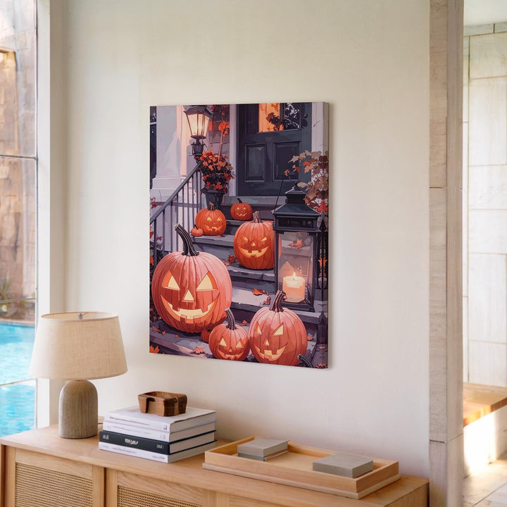 Warm Halloween Porch Corner Canvas – Glowing Pumpkins & Lanterns Art - Gifitto