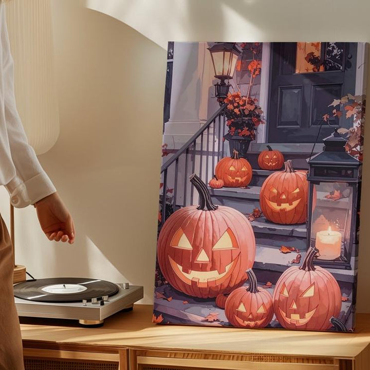 Warm Halloween Porch Corner Canvas – Glowing Pumpkins & Lanterns Art - Gifitto