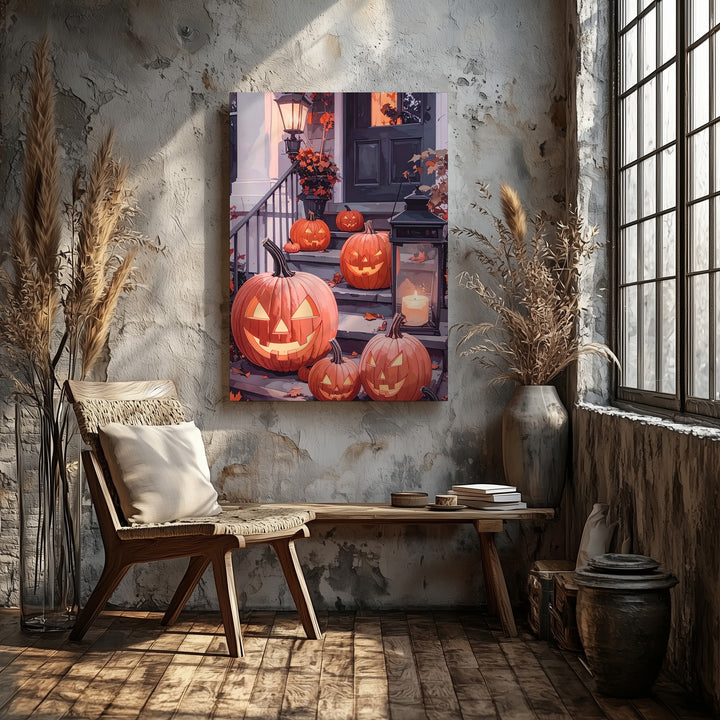 Warm Halloween Porch Corner Canvas – Glowing Pumpkins & Lanterns Art - Gifitto