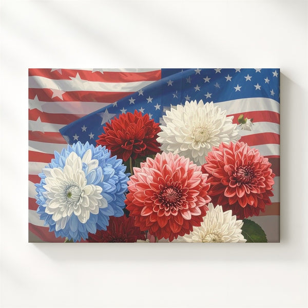 Patriotic Hydrangeas Canvas – Red, White & Blue Blooms with American Flag Wall Art - Gifitto
