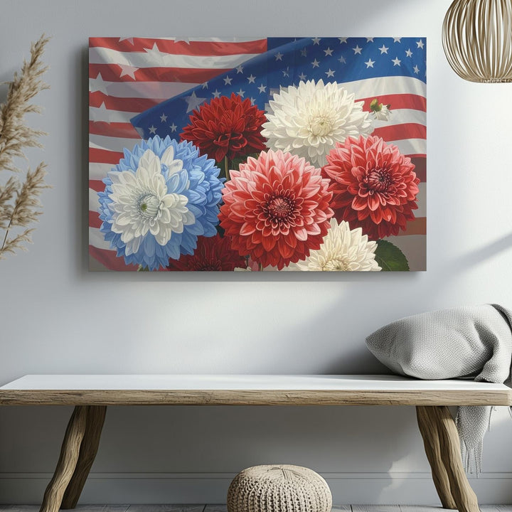 Patriotic Hydrangeas Canvas – Red, White & Blue Blooms with American Flag Wall Art - Gifitto