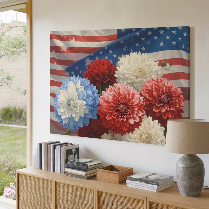Patriotic Hydrangeas Canvas – Red, White & Blue Blooms with American Flag Wall Art - Gifitto