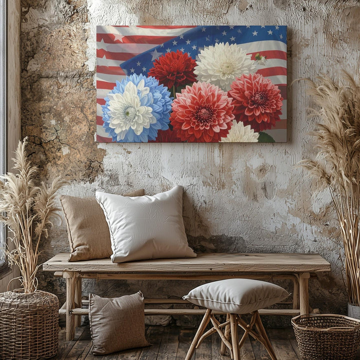 Patriotic Hydrangeas Canvas – Red, White & Blue Blooms with American Flag Wall Art - Gifitto