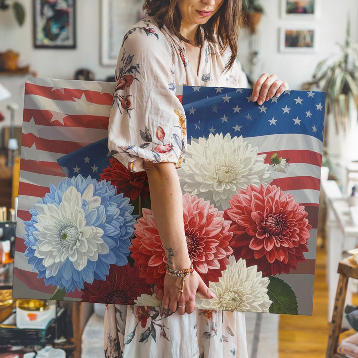 Patriotic Hydrangeas Canvas – Red, White & Blue Blooms with American Flag Wall Art - Gifitto