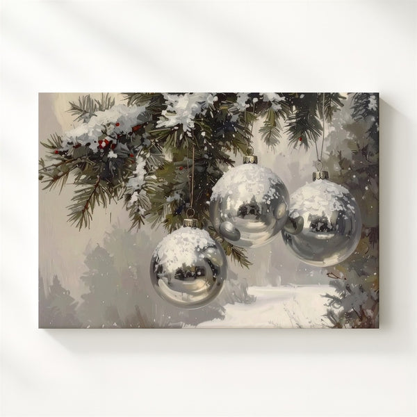 Silver Metallic Ornaments Canvas – Elegant Winter Holiday Decor - Gifitto