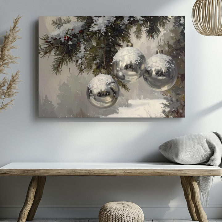 Silver Metallic Ornaments Canvas – Elegant Winter Holiday Decor - Gifitto