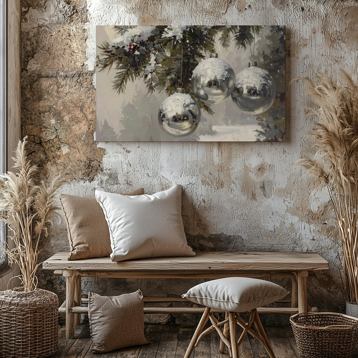 Silver Metallic Ornaments Canvas – Elegant Winter Holiday Decor - Gifitto