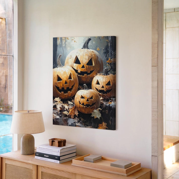 Rustic Woodland Jack-O'-Lantern Canvas – Close-Up Autumn Pumpkin Art - Gifitto