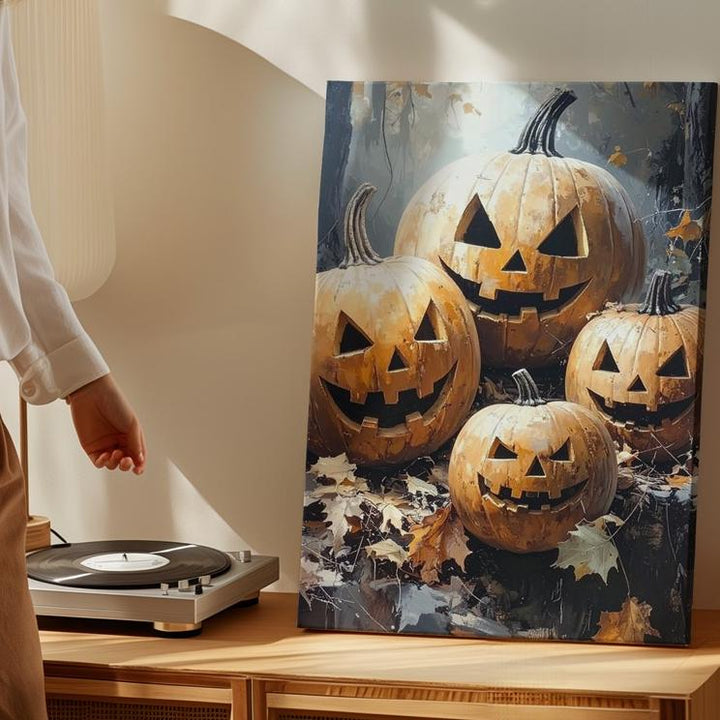 Rustic Woodland Jack-O'-Lantern Canvas – Close-Up Autumn Pumpkin Art - Gifitto