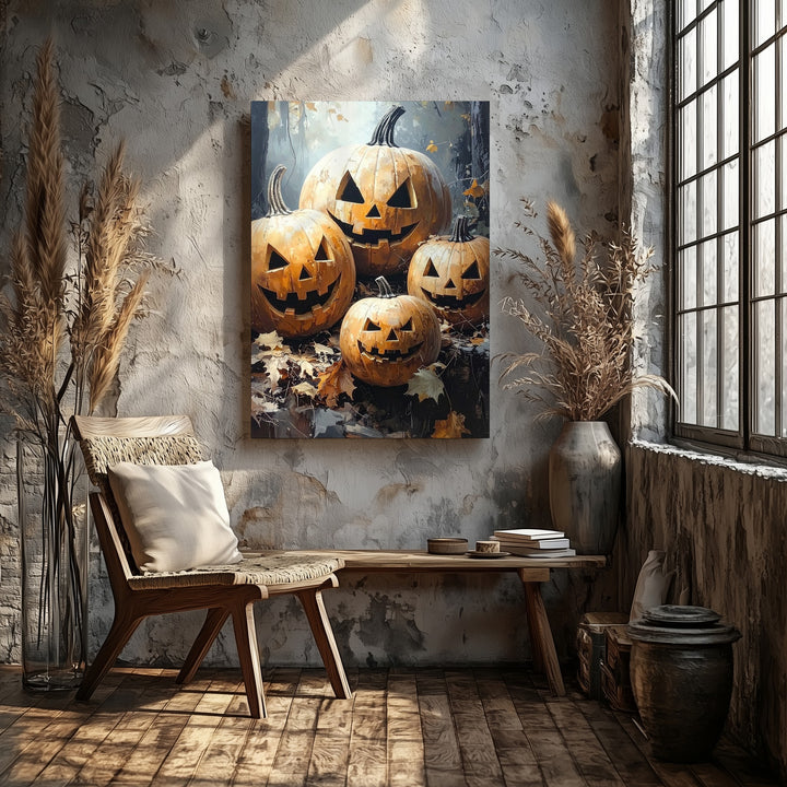 Rustic Woodland Jack-O'-Lantern Canvas – Close-Up Autumn Pumpkin Art - Gifitto