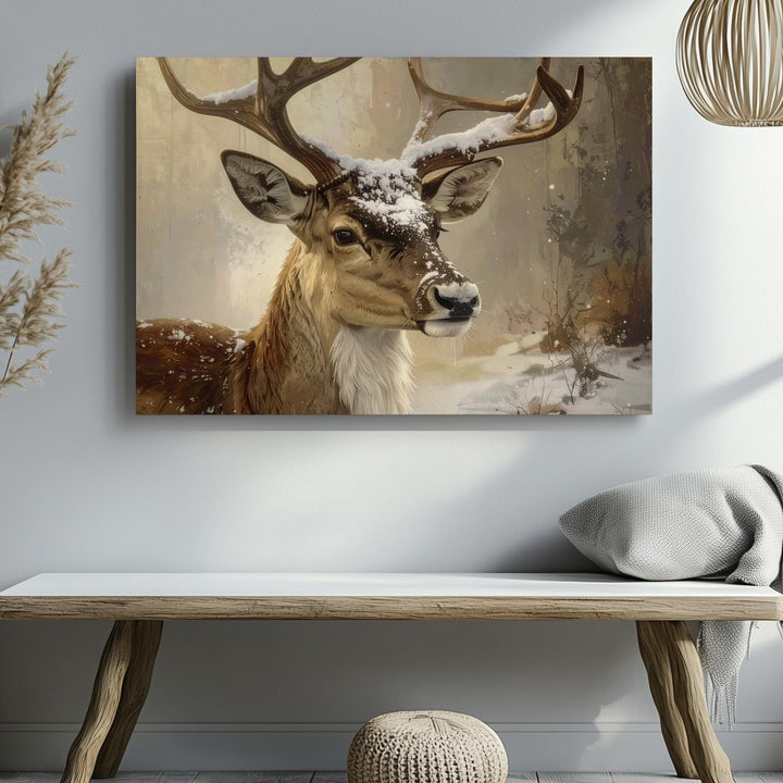 Golden Reindeer Portrait Canvas – Rustic Winter Wildlife Art - Gifitto