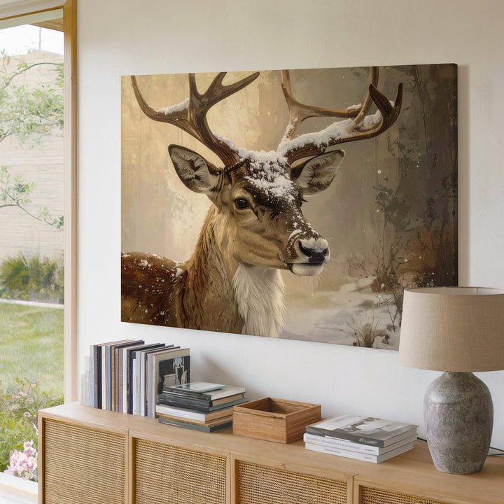 Golden Reindeer Portrait Canvas – Rustic Winter Wildlife Art - Gifitto
