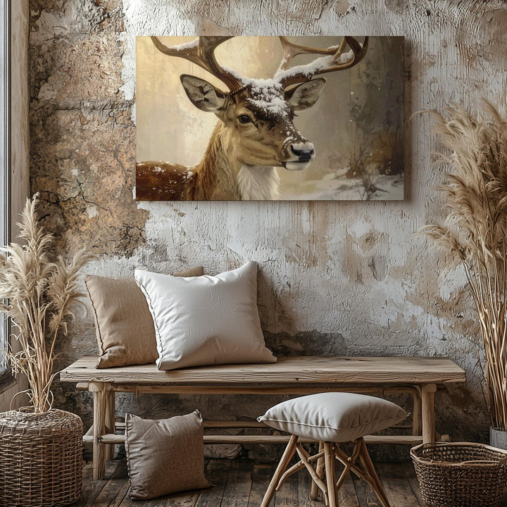 Golden Reindeer Portrait Canvas – Rustic Winter Wildlife Art - Gifitto