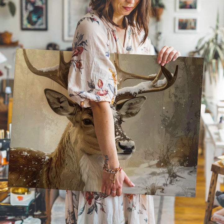 Golden Reindeer Portrait Canvas – Rustic Winter Wildlife Art - Gifitto