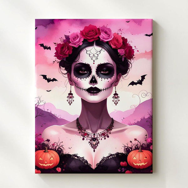 Elegant Skeleton Portrait Canvas – Día de los Muertos Art with Floral Crown & Jewelry - Gifitto