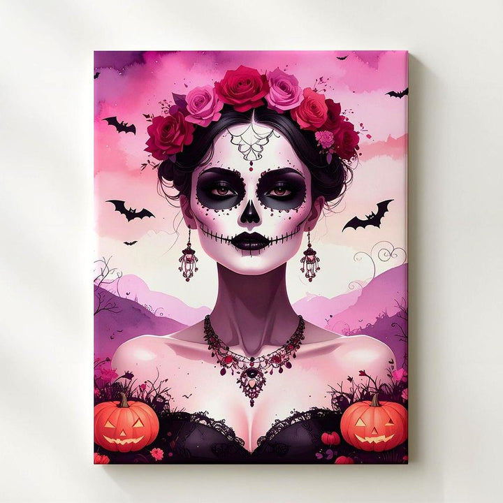 Elegant Skeleton Portrait Canvas – Día de los Muertos Art with Floral Crown & Jewelry - Gifitto