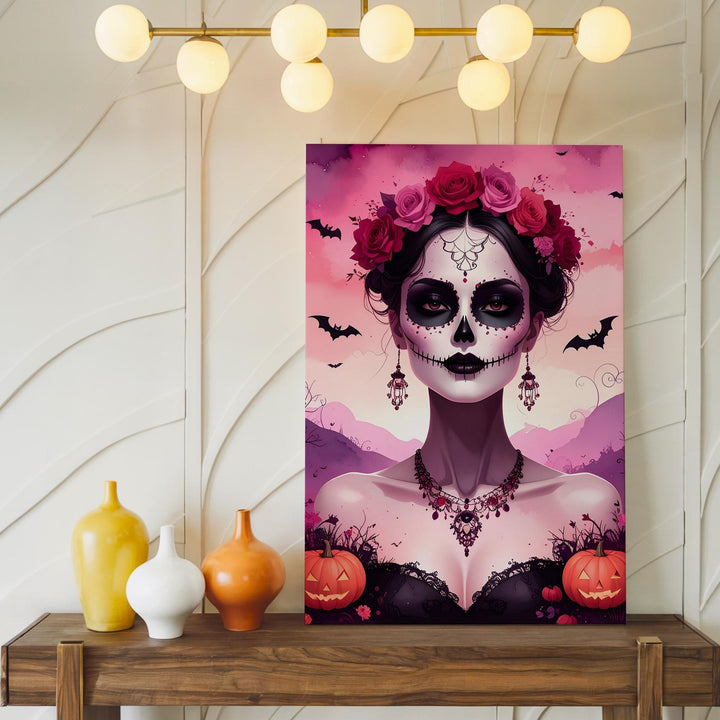 Elegant Skeleton Portrait Canvas – Día de los Muertos Art with Floral Crown & Jewelry - Gifitto