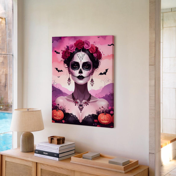 Elegant Skeleton Portrait Canvas – Día de los Muertos Art with Floral Crown & Jewelry - Gifitto