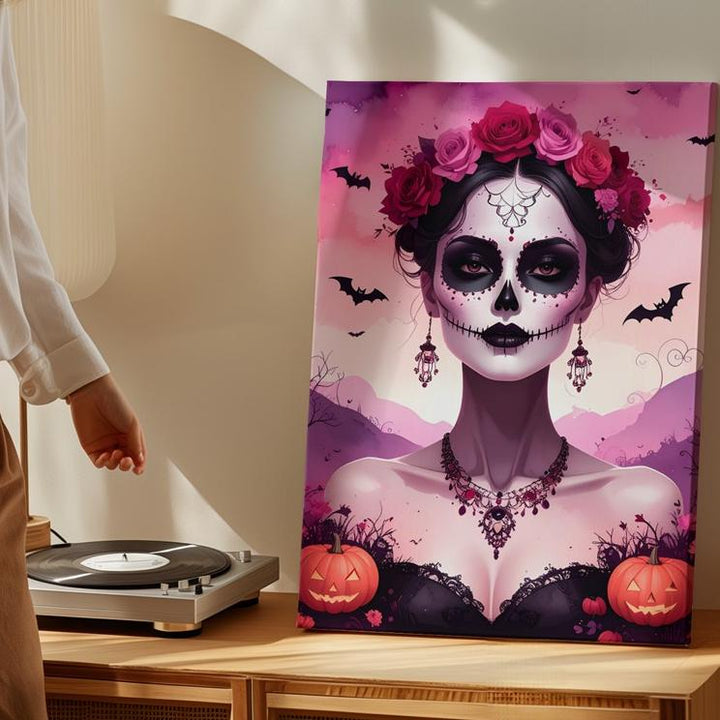 Elegant Skeleton Portrait Canvas – Día de los Muertos Art with Floral Crown & Jewelry - Gifitto