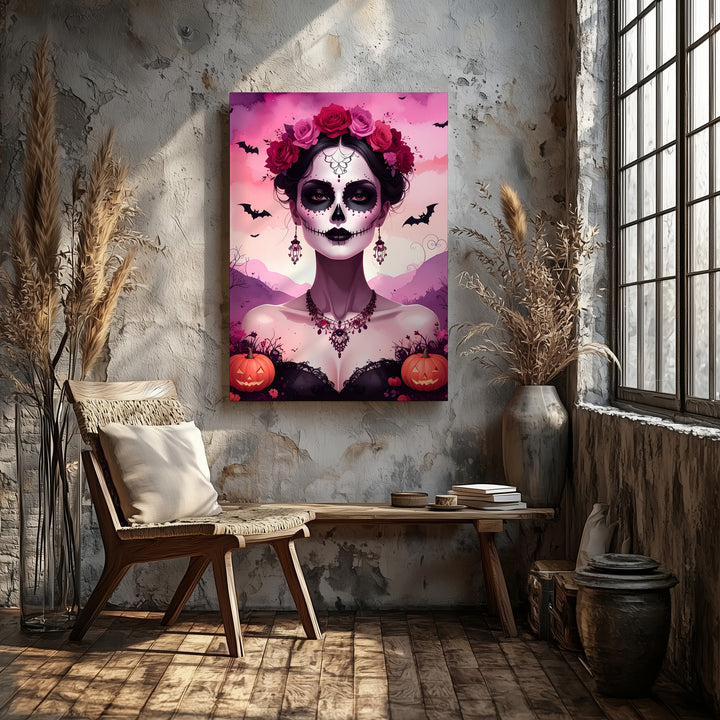 Elegant Skeleton Portrait Canvas – Día de los Muertos Art with Floral Crown & Jewelry - Gifitto