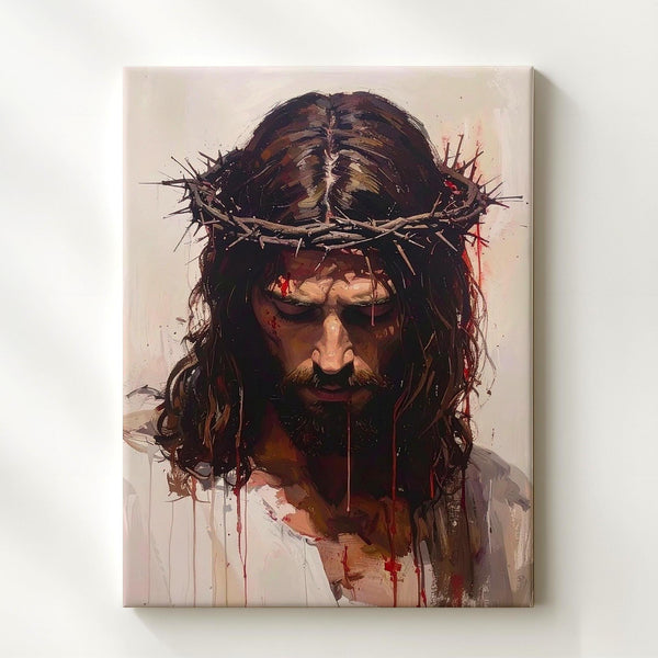 Jesus Crown of Thorns Portrait Canvas – Minimalist Christian Wall Art of Sorrow and Sacred Sacrifice - Gifitto