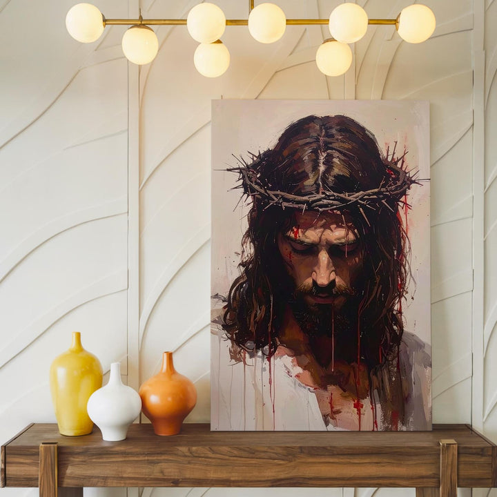 Jesus Crown of Thorns Portrait Canvas – Minimalist Christian Wall Art of Sorrow and Sacred Sacrifice - Gifitto