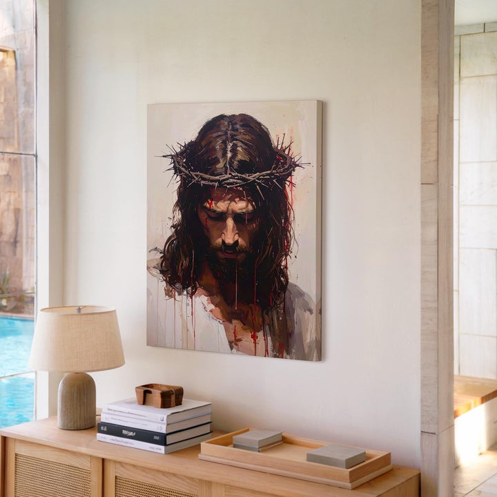 Jesus Crown of Thorns Portrait Canvas – Minimalist Christian Wall Art of Sorrow and Sacred Sacrifice - Gifitto